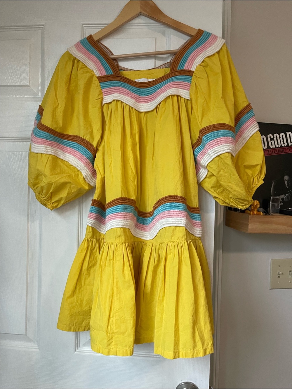 Corey Lynn Calter Yellow Puff Sleeve Dress with Multicolor Trim